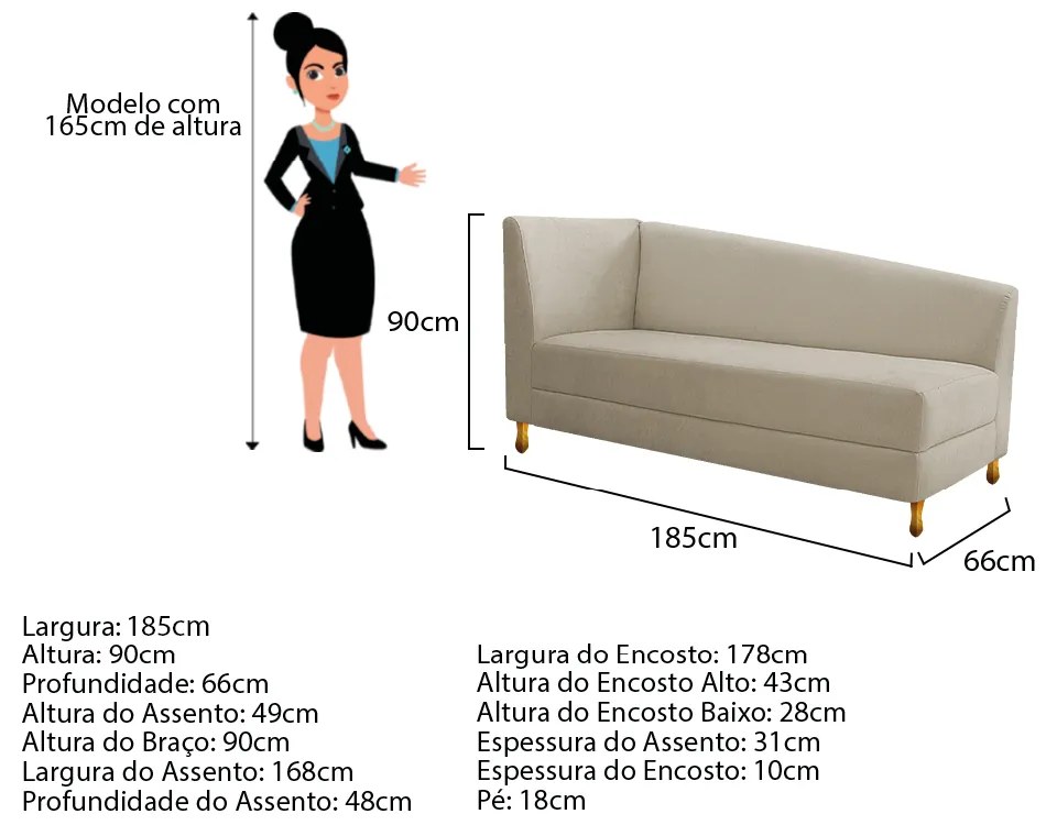 Recamier Valéria 185cm Lado Esquerdo Suede Bege - ADJ Decor