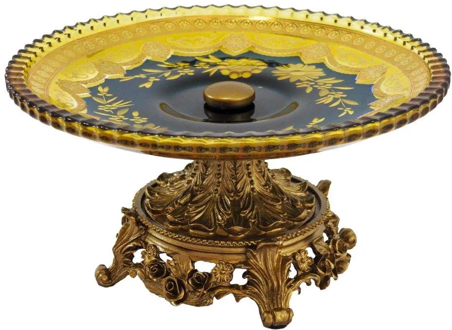 Centro de Mesa em Cristal Azul e Dourado e Base em Bronze - 10x20cm