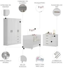 Quarto Infantil 3 Peças Com Berço Americano Nelly Branco Z49 - Mpozena