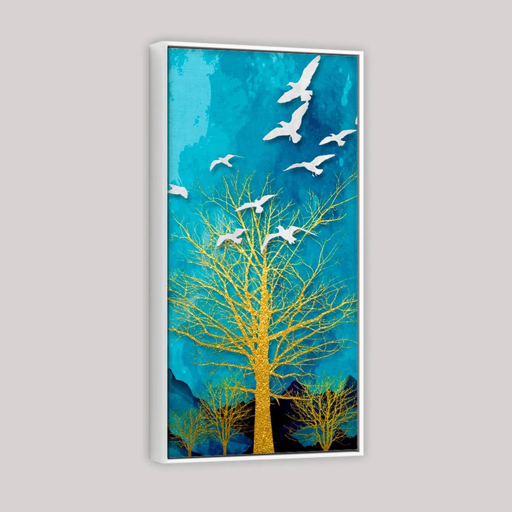 Quadro 50x100cm Abstrato Árvore Seca Dourada com Pássaros Canvas Moldura Flutuante/Filete Branca
