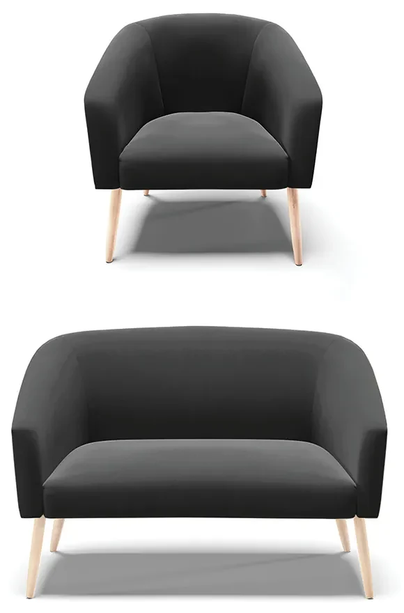 Sofá Namoradeira e Poltrona Pé Palito Natural Stella Suede D03 - D'Rossi - Preto