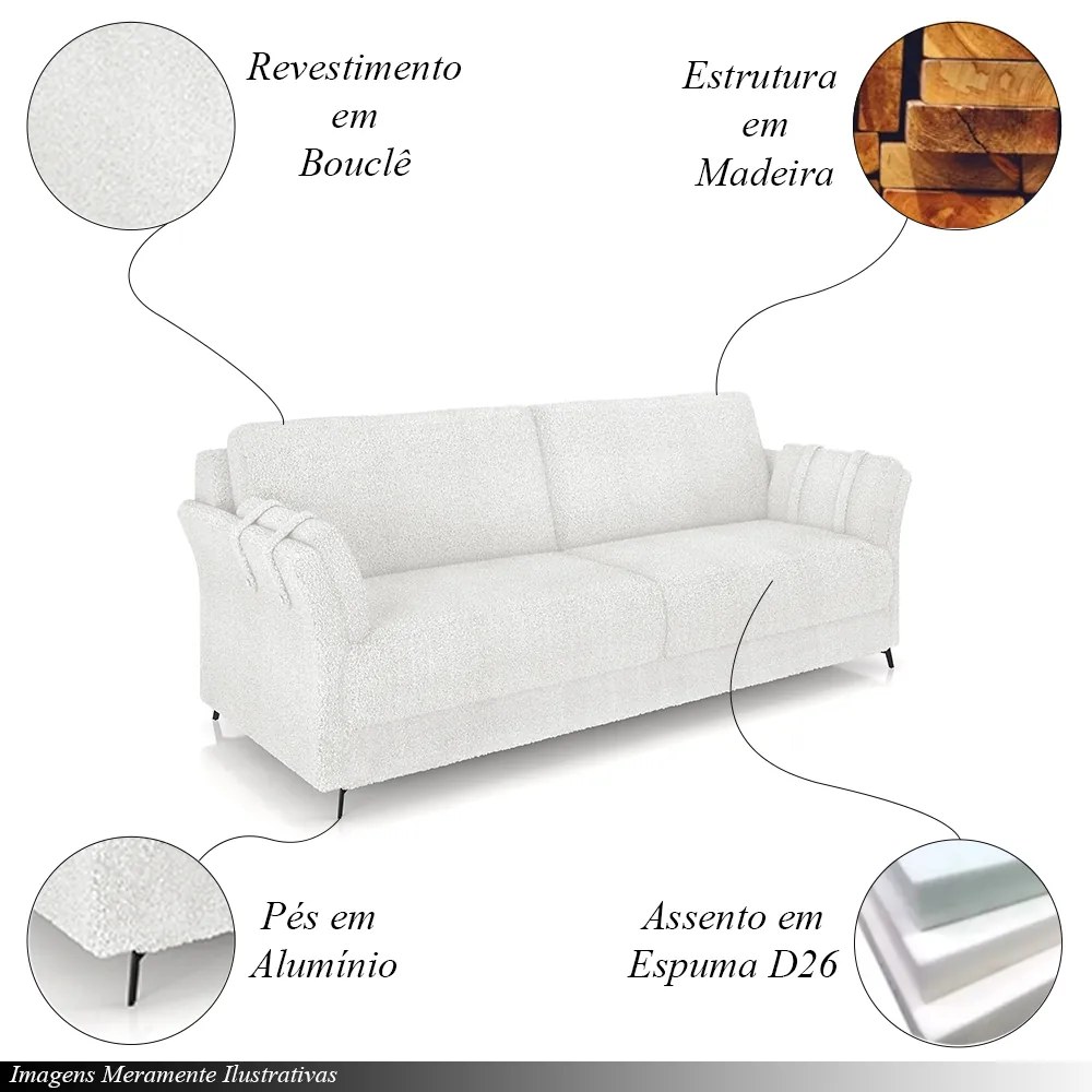 Conjunto Poltrona e Sofá Decorativo Violet 2 Lugares 164cm Pés em Alumínio Preto Bouclê Branco G45 - Gran Belo