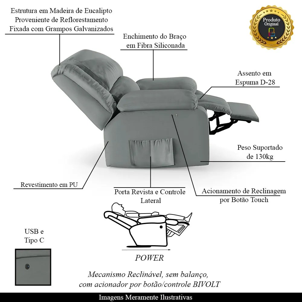 Poltrona do Papai Reclinável Melim Power Touch USB Sintético PU F FH1 - D'Rossi - Cinza