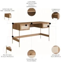 Mesa Escrivaninha Home Office Pé Metal Arlo A10 Hanover/Dourado - Mpoz