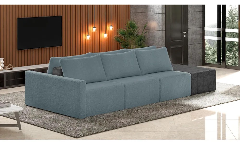 Sofá Ilha 3 Lugares Living 342cm Modulado Sala Lary Bouclê Azul/PU Pto K01 - D'Rossi