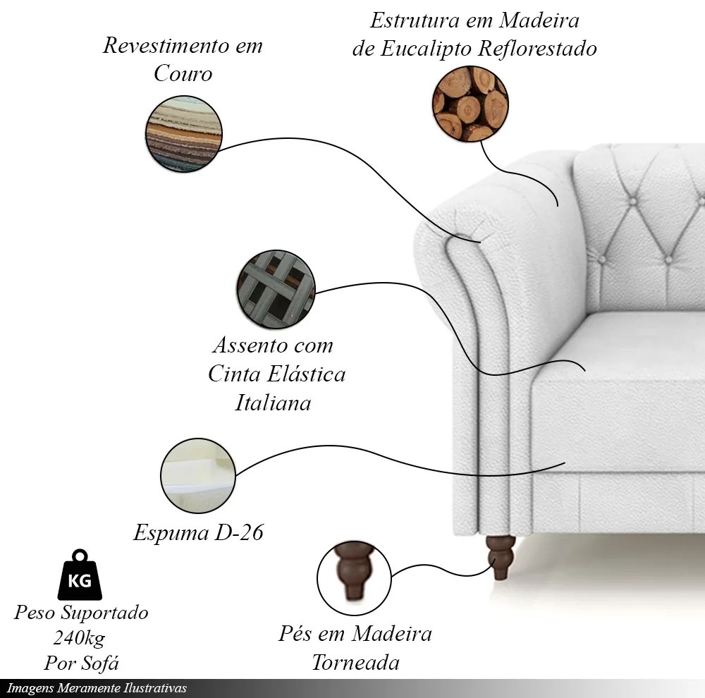 Conjunto de Sofá Sala de Estar Stanford Chesterfield 2 e 3 Lugares 200cm/240cm Pés Madeira Couro Branco G58 - Gran Belo