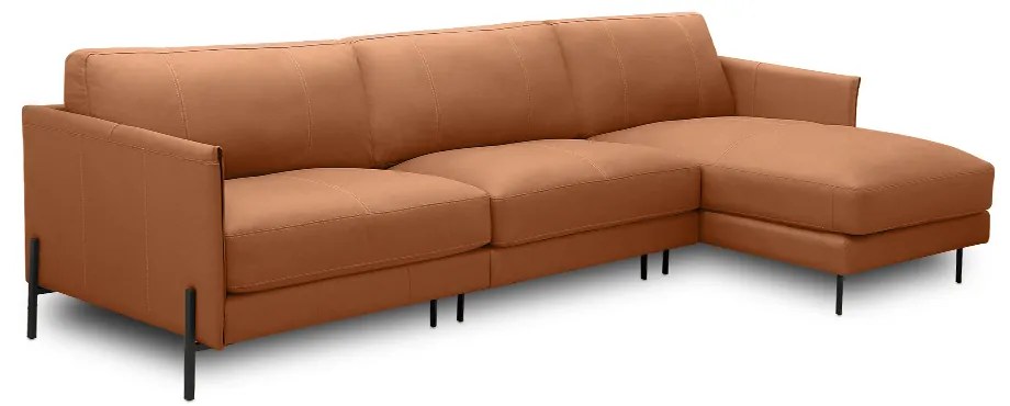 Sofá Decorativo Karine 5 Lugares Sala de estar 330cm com Chaise Pés em Aço Couro Conhaque G88 - Gran Belo