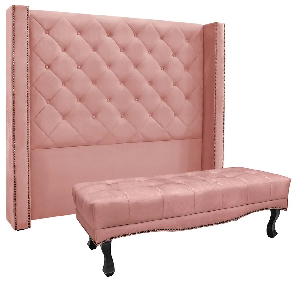 Cabeceira Cama Box King 195cm e Recamier Vicenza Veludo Rosa S04 - D'Rossi