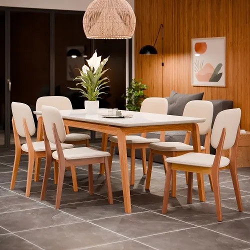 Conjunto Mesa De Jantar Detroit 1.8 Off White/Nature Com 6 Cadeiras Detroit Nature/Areia – Tebarrot Móveis