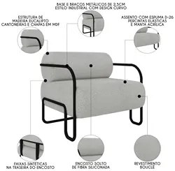 Poltrona Decorativa para Sala Industrial Kit 2 Kira K04 Bouclê Cinza C