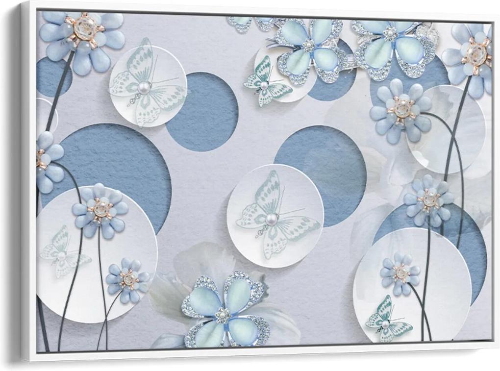 Quadro 60x90cm Flores Azul Fada e Borboletas Azuis e Brancas Canvas Moldura Flutuante Branca