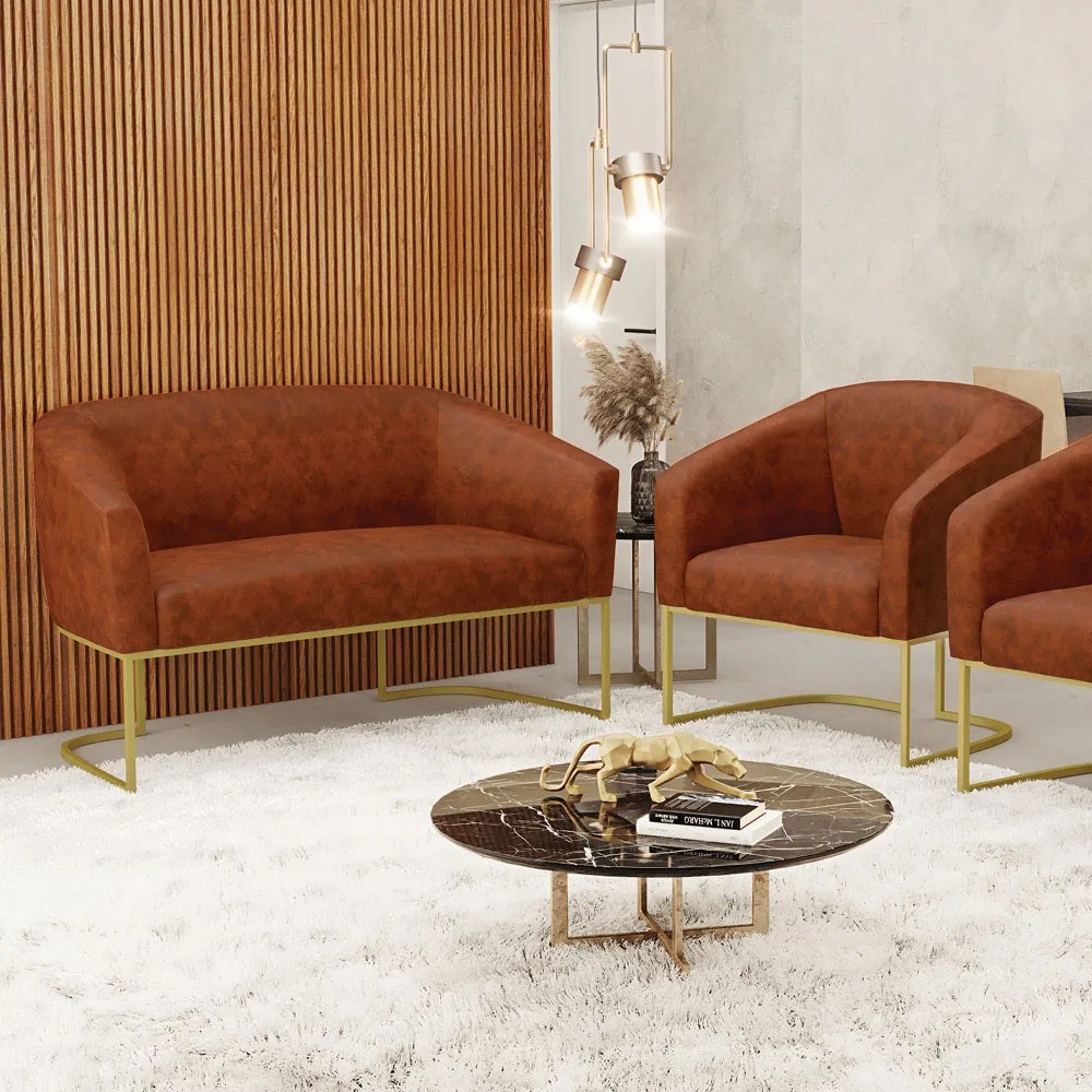 Sofá Namoradeira e Poltrona Base Industrial Dourado Stella Sintético PU D03 - D'Rossi - Nozes