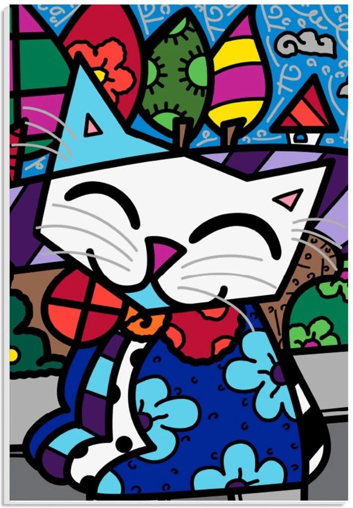 Placa de Bancada Decorativa Gato Estilo de Pintura Romero Britto 30x20cm