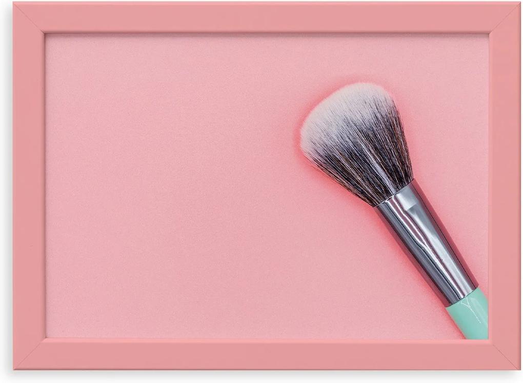 Quadro Pincel Maquiagem Fundo Rosa Moldura Rosa 22x32cm