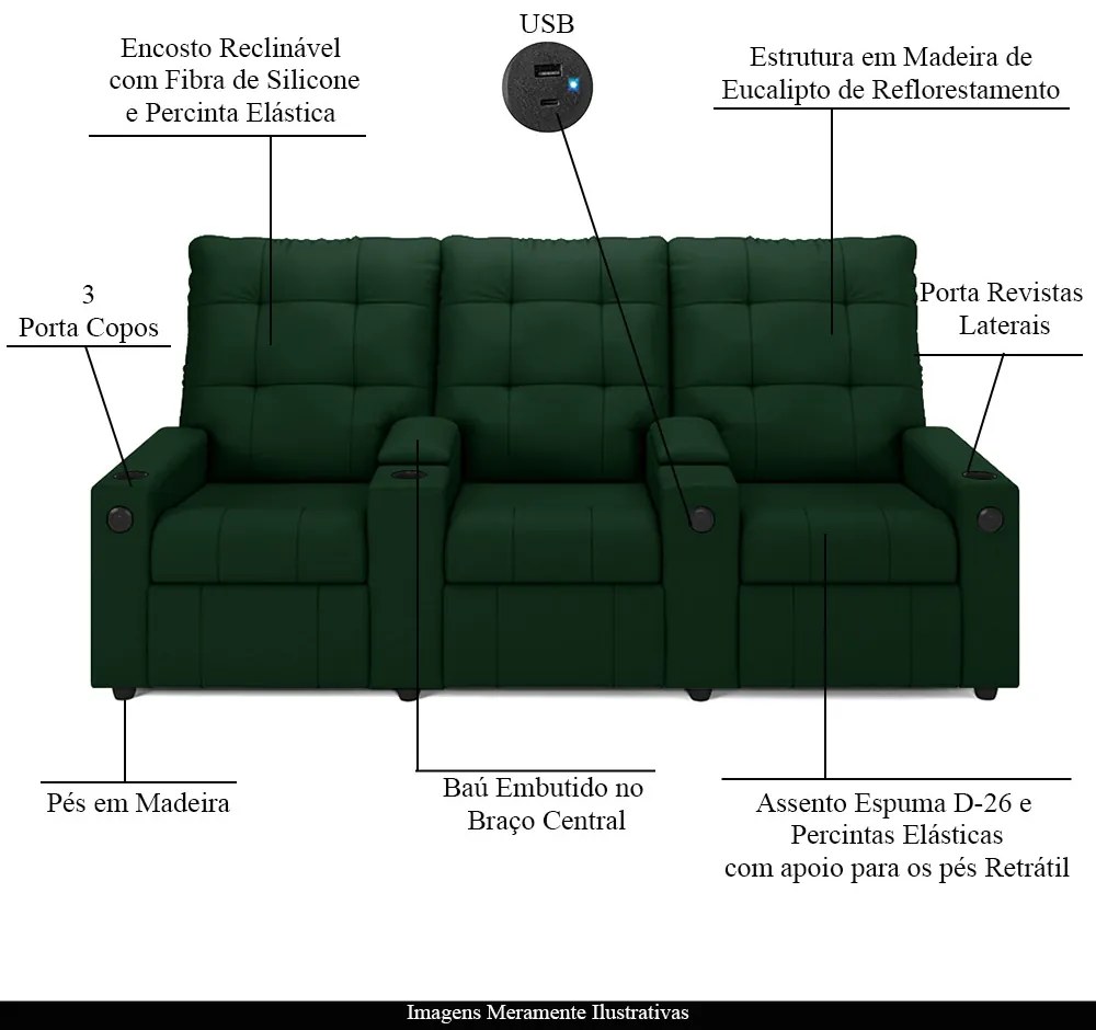 Poltrona Reclinável Para Cinema Parma 3 Lugares Baú USB Veludo Verde FH1 - D'Rossi