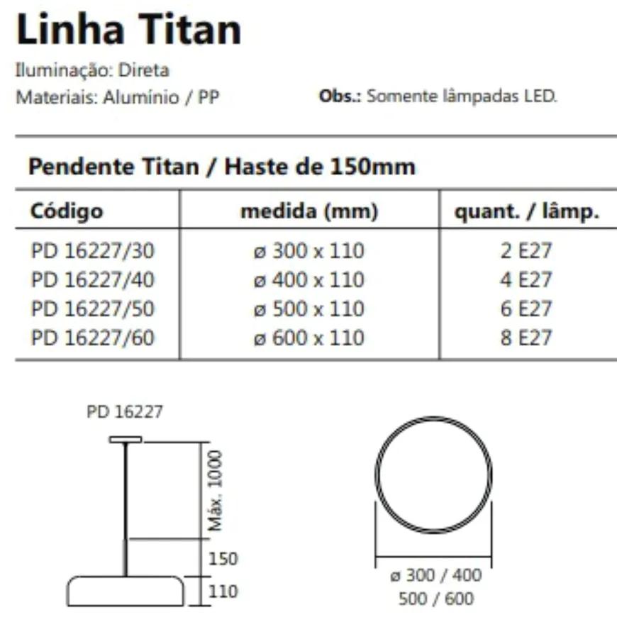 Pendente Titan Ø60X11Cm 8Xe27 Com Difusor Plano / Haste De 15Cm | Usin... (BT - Branco Texturizado)