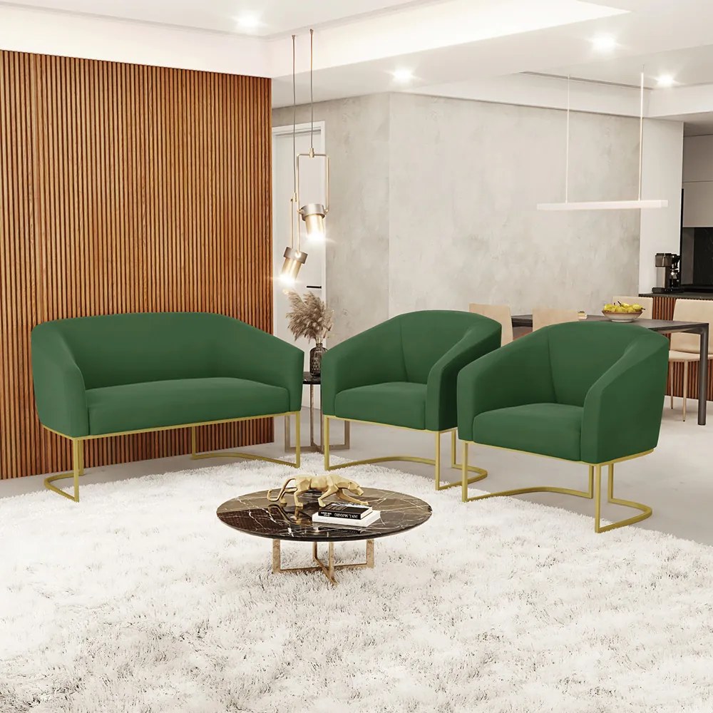 Namoradeira e 2 Poltronas Base Industrial Dourado Stella Suede Verde D03 - D'Rossi