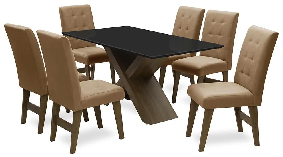 Conjunto Mesa de Jantar com 06 Cadeiras Agata 160cm Castanho/Preto/Mascavo - ADJ DECOR