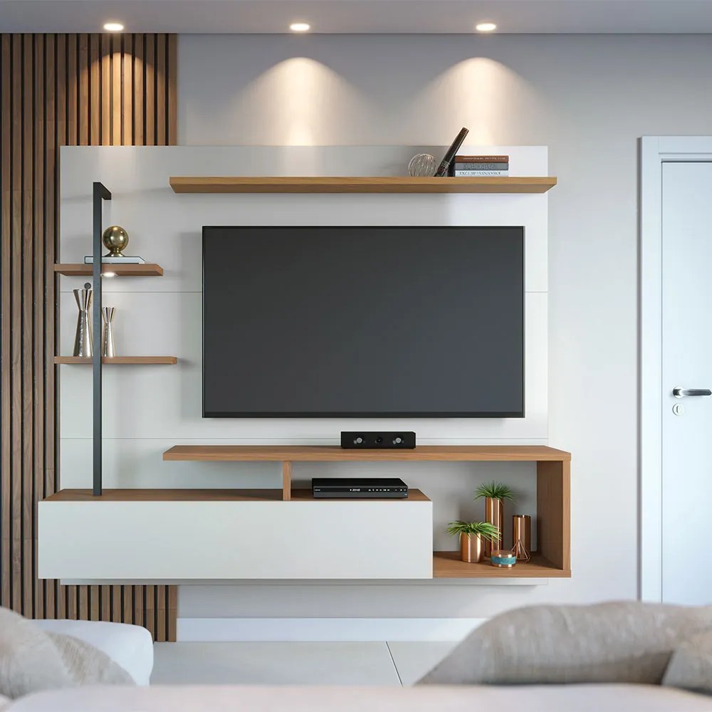 Painel TV 58 Pol 180cm Bancada Suspensa Jordan C04 - D'Rossi - Off White e Freijó