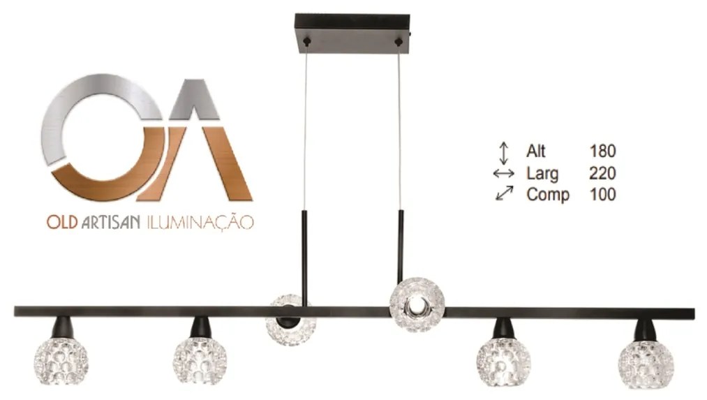 Pendente Retangular 100X22X18Cm Metal E Vidro Cristal Ø8Cm 06Xg9 | Old... (CROMADO, CLEAR (TRANSPARENTE))