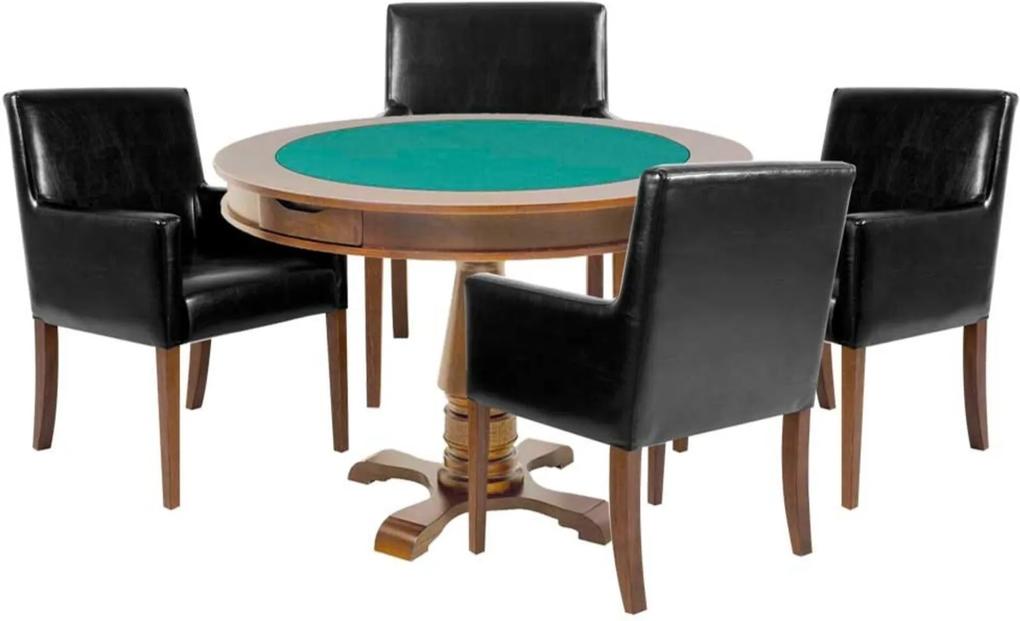 Mesa de Jogos Carteado Victoria Redonda Tampo Reversível Amêndoa com 4 Cadeiras Liverpool Corino Preto Liso - Gran Belo