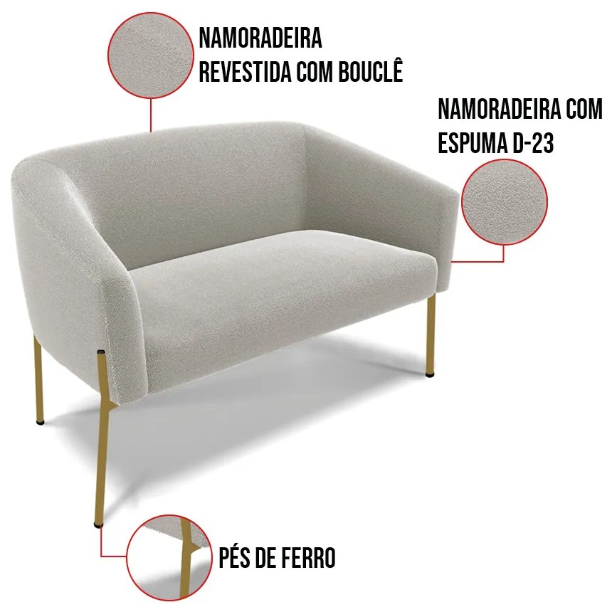 Sofá 2 Lugares Namoradeira Pé de Ferro Dourado Stella Bouclê D03 - D'Rossi - Cinza