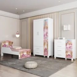 Quarto Infantil 3 Peças Com Mini Cama Carruagem Rosa Z53    - Mpozenat