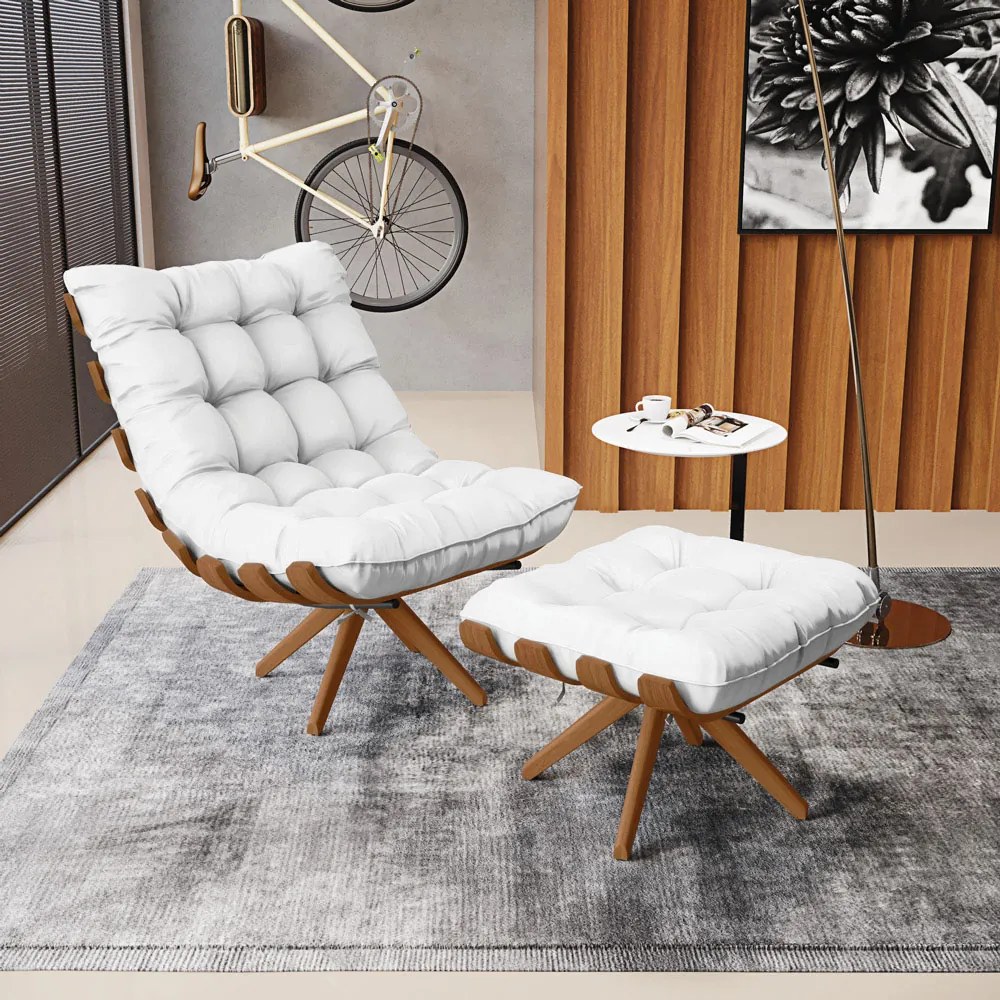 Poltrona com Puff Giratório Costela  Sintético Branco Base de Madeira MA30 M11 - D'Rossi