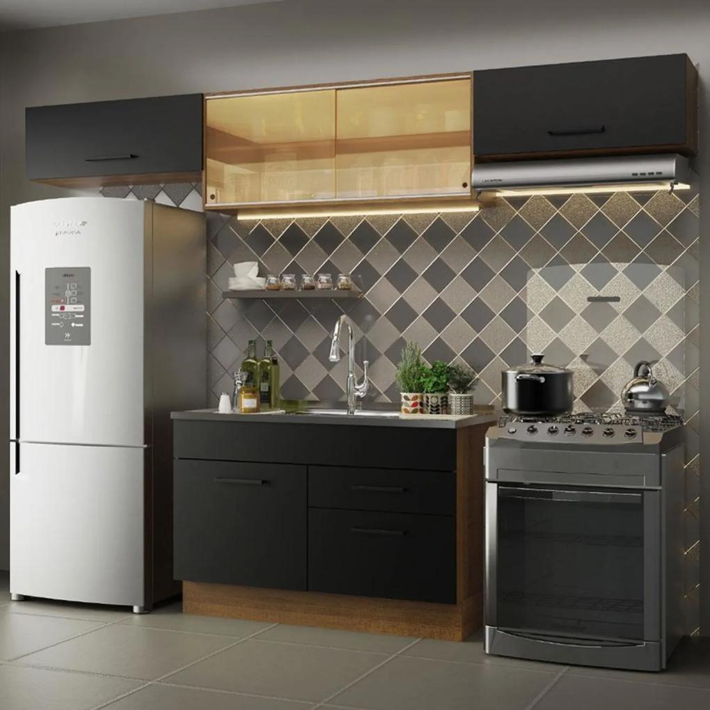 Cozinha Compacta Madesa Agata 280001 com Armário e Balcão - Rustic/Preto Marrom