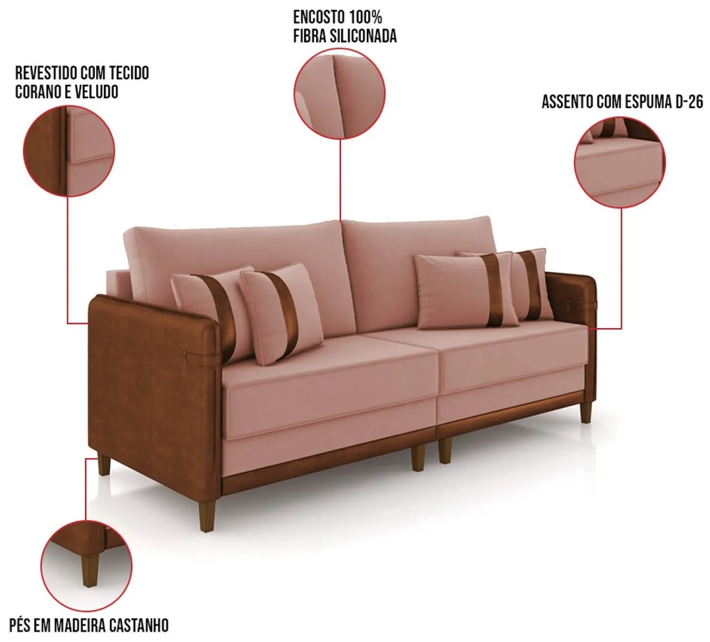 Sofá 3 Lugares Living 212cm Pé Madeira Valença Marrom/Veludo Rosê K01 - D'Rossi