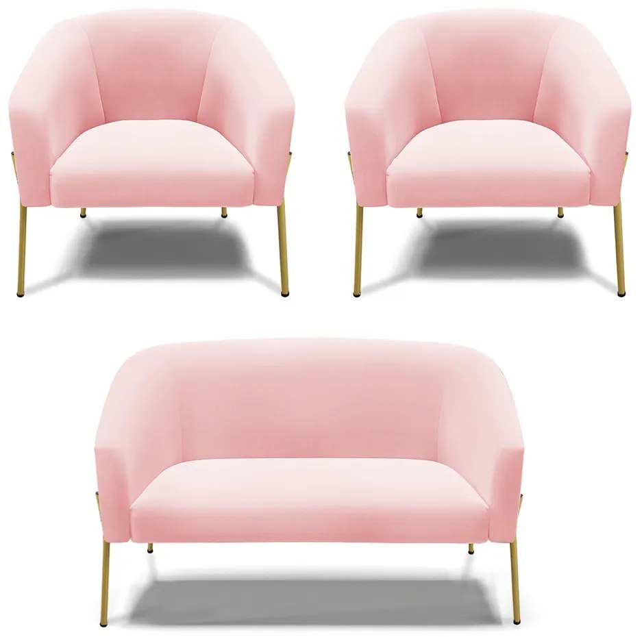 Namoradeira e 2 Poltronas Pé de Ferro Dourado Stella Suede Rosa Bebê D03 - D'Rossi