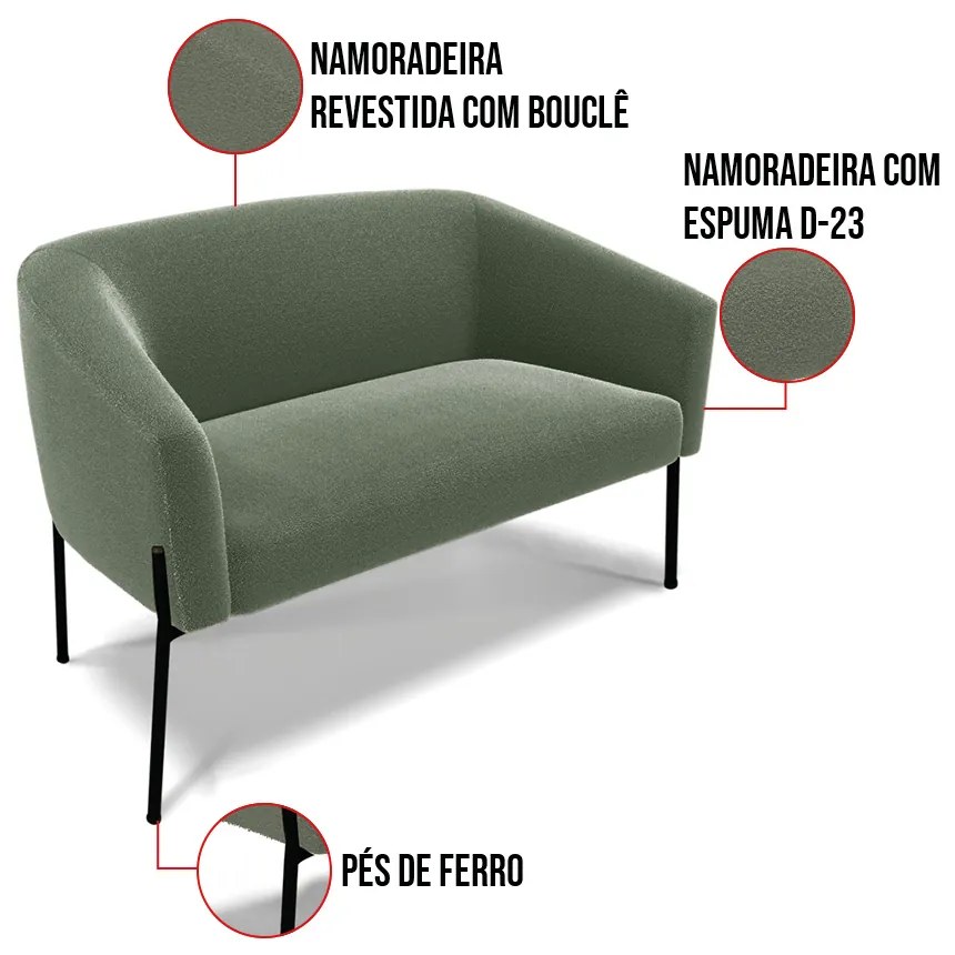 Sofá 2 Lugares Namoradeira Pé de Ferro Preto Stella Bouclê D03 - D'Rossi - Verde Pistache
