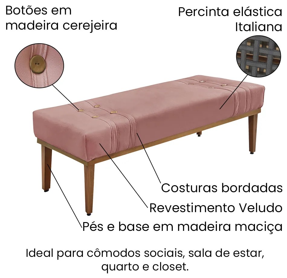 Divã Recamier Banco Base Madeira para Quarto Gênova 90cm Veludo S04 - D'Rossi - Rosa