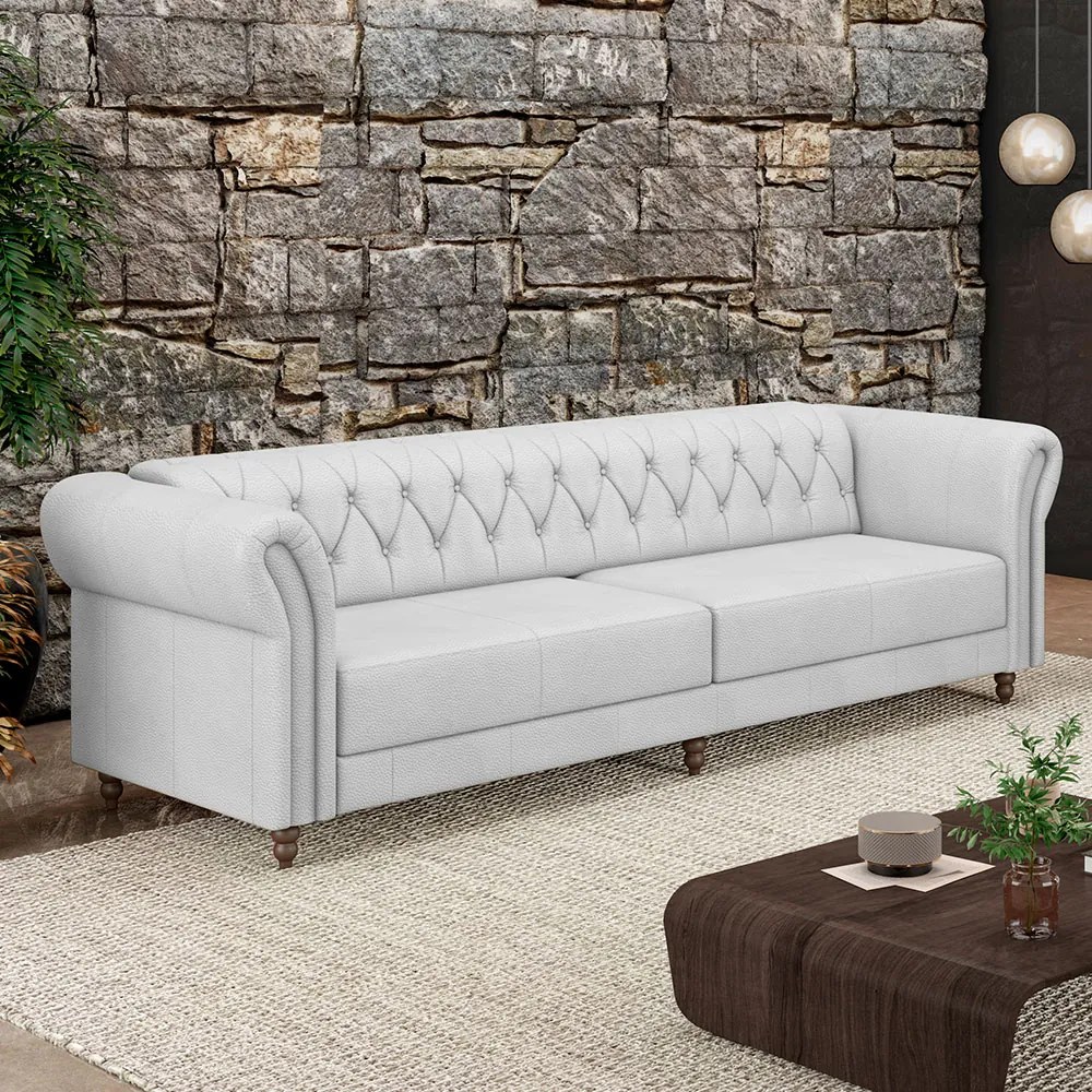 Sofá Living Sala de Estar Stanford Chesterfield 3 Lugares 240cm Pés de Madeira Couro Branco G58 - Gran Belo