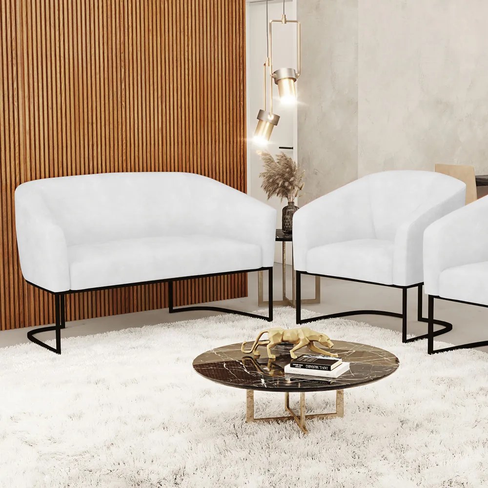 Sofá Namoradeira e Poltrona Base Industrial Preto Stella Sintético PU Branco D03 - D'Rossi