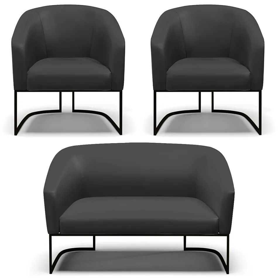 Namoradeira e 2 Poltronas Industrial Preto Stella Sintético Preto D03 - D'Rossi