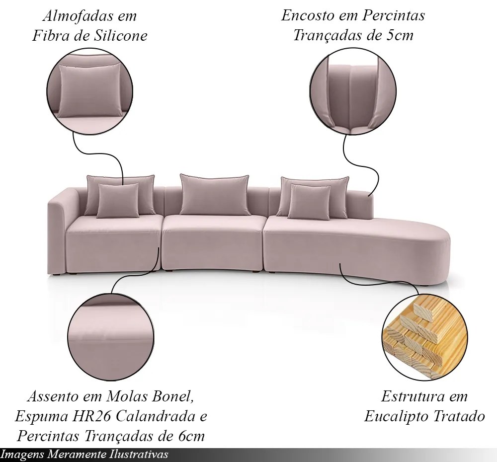 Sofá Curvo Decorativo Kimiko 447Cm 6 Lugares Sala de Estar com Chaise Veludo Rosê G52 - Gran Belo