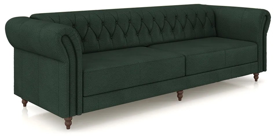 Sofá Living Sala de Estar Stanford Chesterfield 3 Lugares 260cm Pés de Madeira Couro Verde G58 - Gran Belo