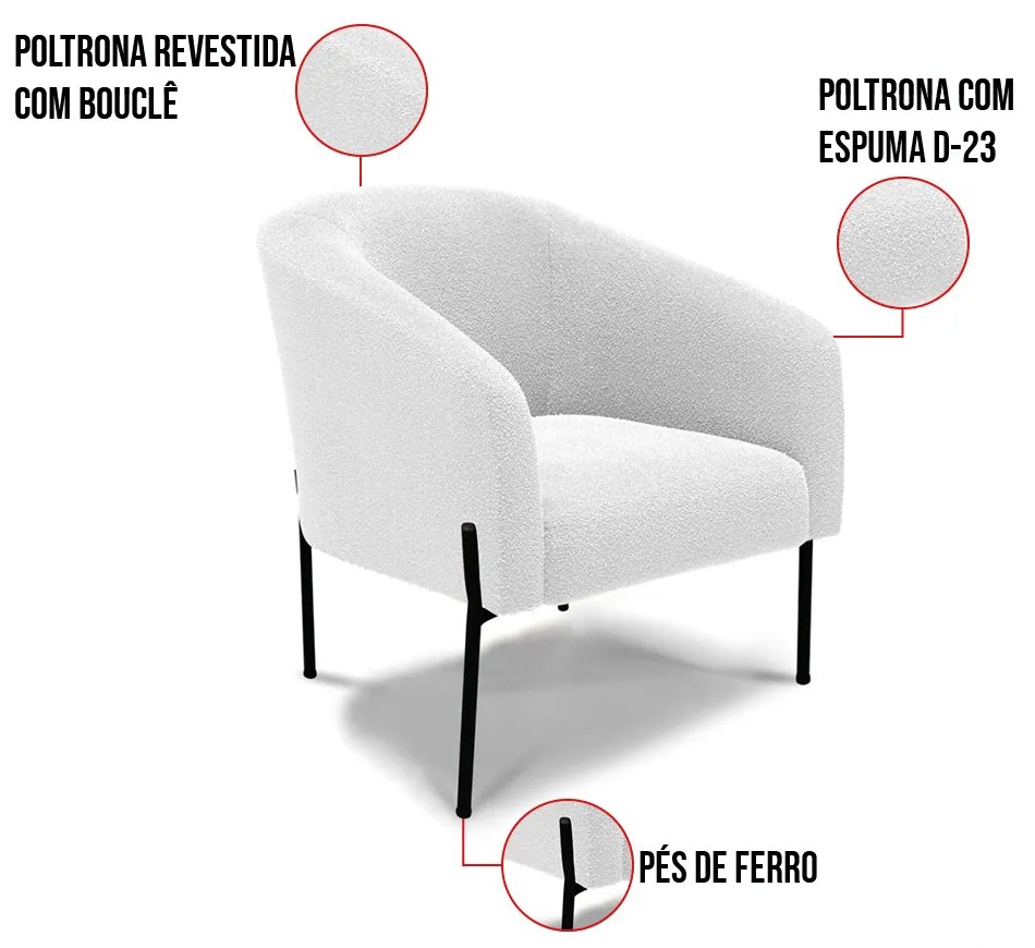 Sofá Namoradeira e 2 Poltronas Pé Ferro Pto Stella Bouclê Off Wte D03 - D'Rossi