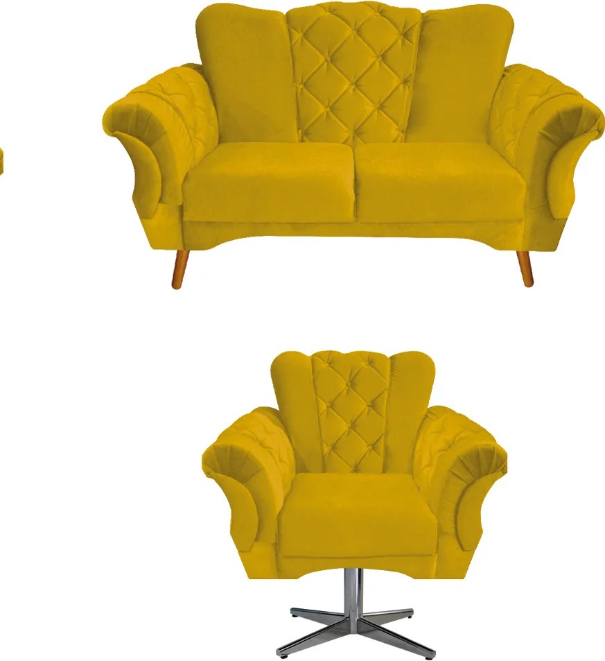 Kit Namoradeira e Poltrona Berlim Base Giratória de Metal Suede Amarelo - ADJ Decor