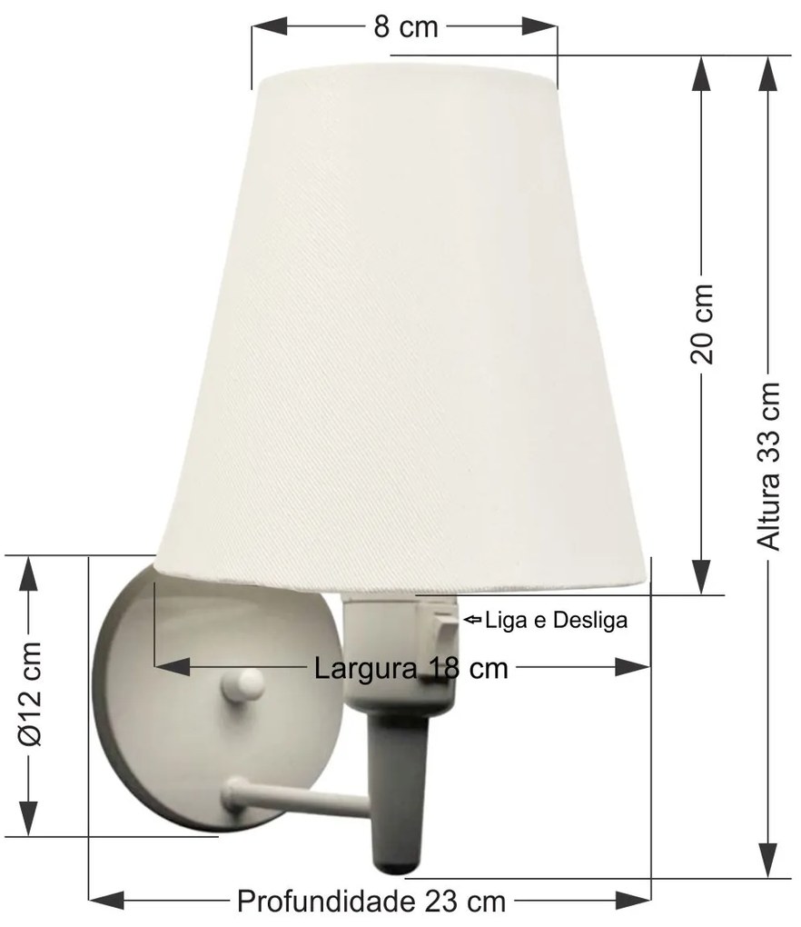 Arandela Cone Vivare Md-2032 Base Branco Com Interruptor Cúpula em Tecido - Bivolt