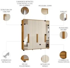 Guarda Roupa Casal 230cm Com Espelho Barok Off/Cinamomo Z10 - Mpozenat