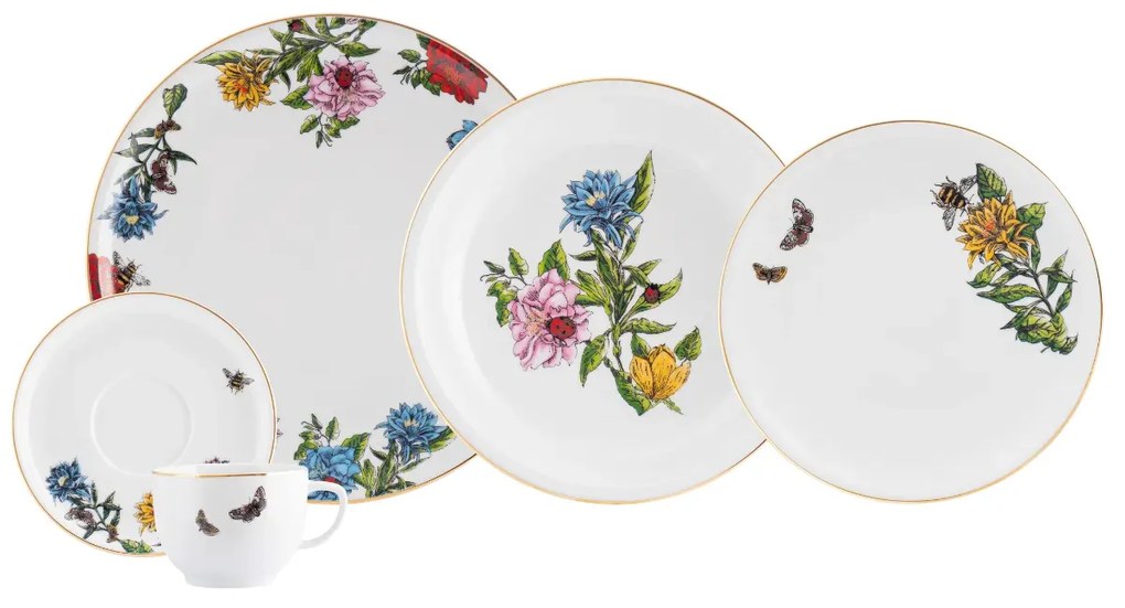 Aparelho De Jantar E Chá Porcelana Schmidt 30 Peças - Dec. Hippie Chic 2439