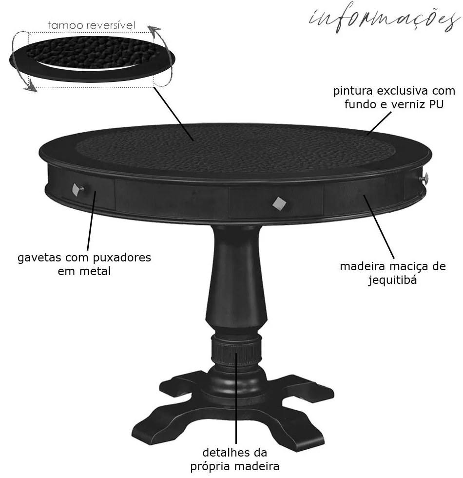 Mesa de Jogos Carteado Redonda 4 Lugares Victoria Tampo Reversível com Gavetas e Porta Copos Preto Fosco G36 - Gran Belo