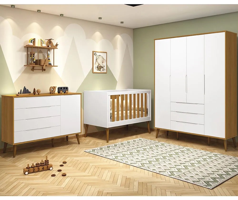 Kit Quarto Infantil com Pés Retrô Mel - Cômoda Elfe 4 Gavetas e 1 Porta + Guarda-Roupa Elfe + Berço Mini Cama Noah - Branco Fosco e Savana