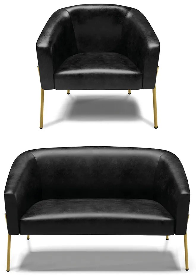 Sofá Namoradeira e Poltrona Pé de Ferro Dourado Stella Sintético PU Preto D03 - D'Rossi