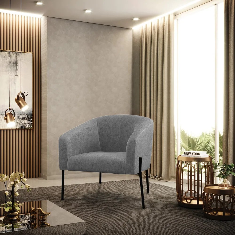 Poltrona Decorativa Pé de Ferro Preto Stella Suede Linho D03 - D'Rossi - A26 Grafite