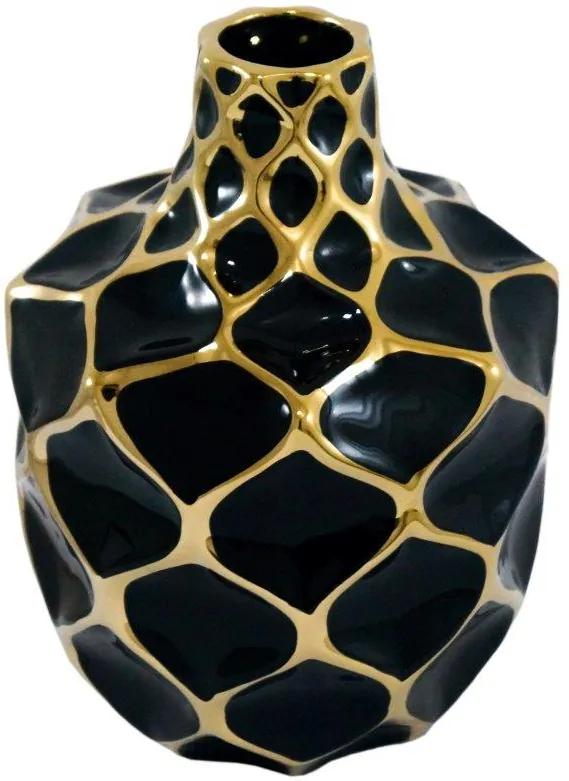 Vaso Decorativo Preto com Detalhes em Dourado - 23x18x18cm
