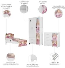 Quarto Infantil 3 Peças Com Mini Cama Carruagem Rosa Z53    - Mpozenat
