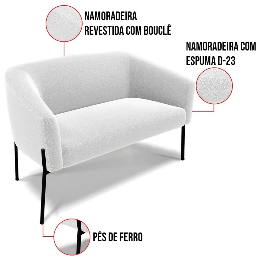 Sofá 2 Lugares Namoradeira Pé de Ferro Preto Stella Bouclê D03 - D'Rossi - Off White